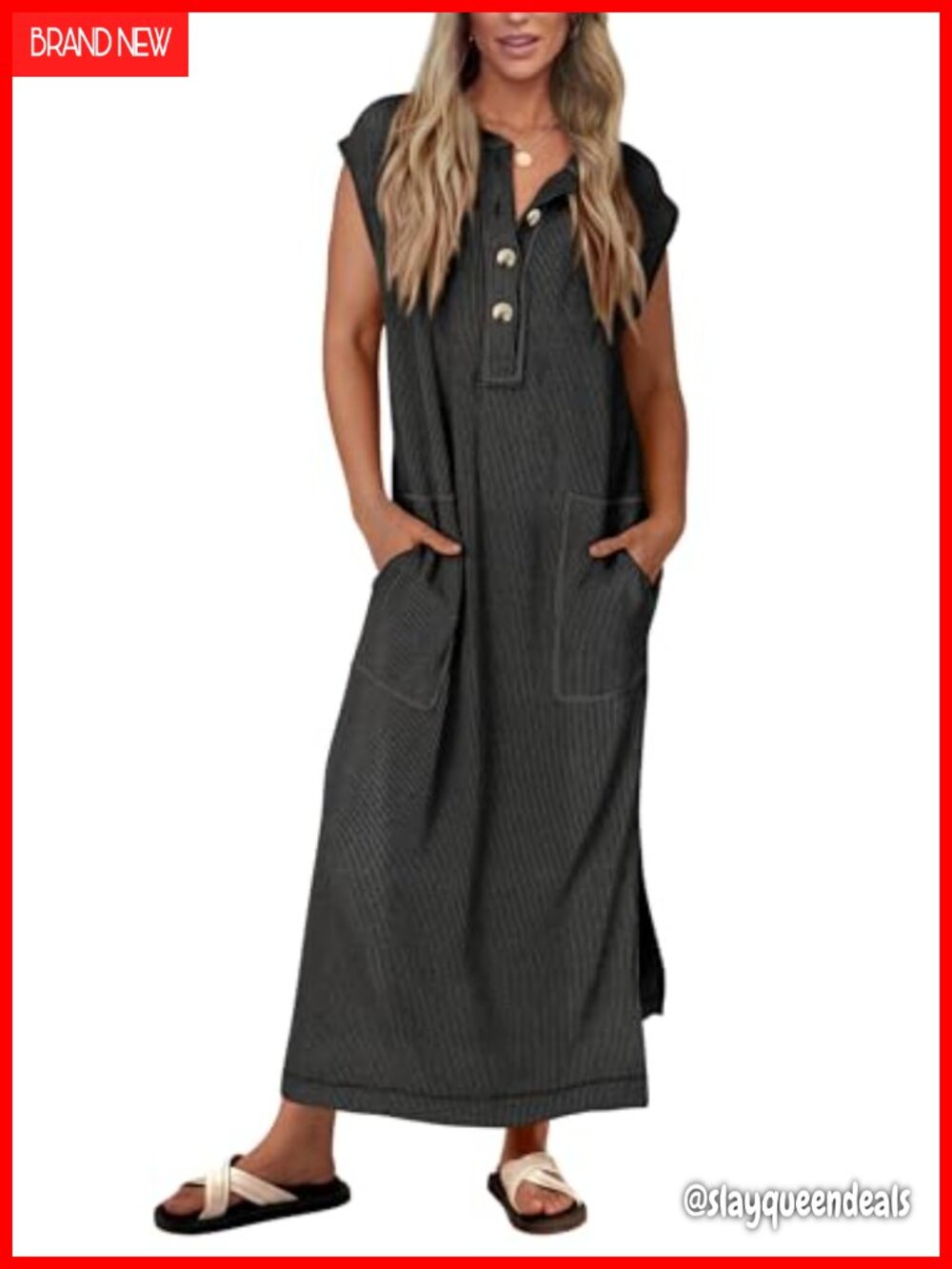 Ribbed Knit Henley Maxi Dress with Pockets - Loose Summer Maternity Dress